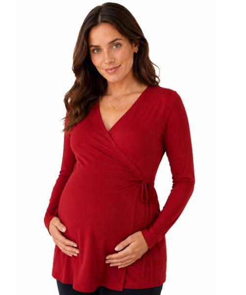 Classic maternity wrap top in deep red