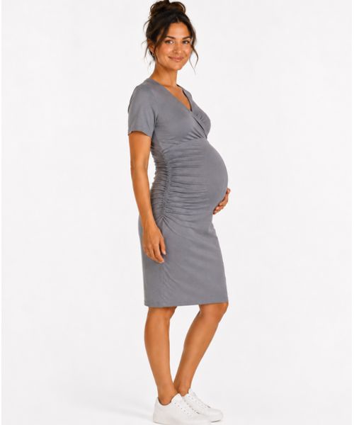 Crossover Gathered sides Maternity Dress Grey Medium sv