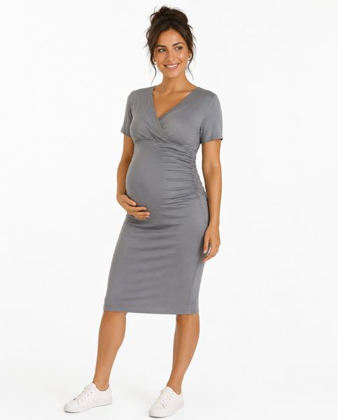 Crossover Gathered sides Maternity Dress Grey Medium