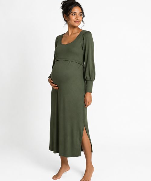 Maternity nursing dress puff sleeve and cuff Forest green Medium sv