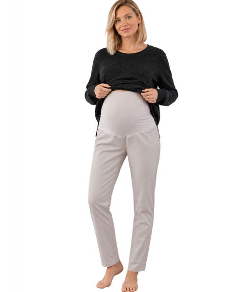 Stone tapered maternity pants showing stretch panel for bump