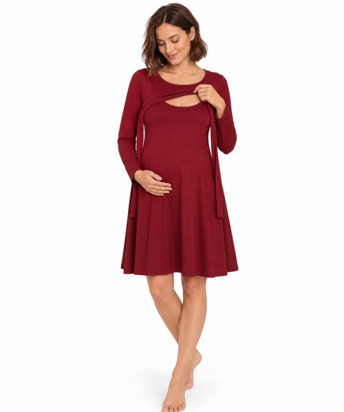 Wrap bodice maternity nursing dress in wine