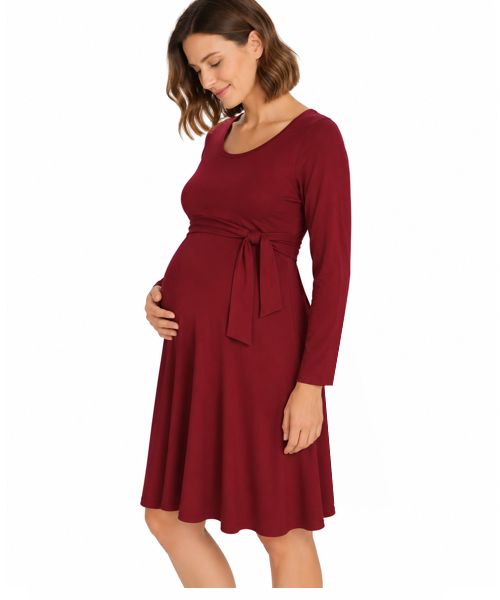 Wrap bodice maternity nursing dress in wine